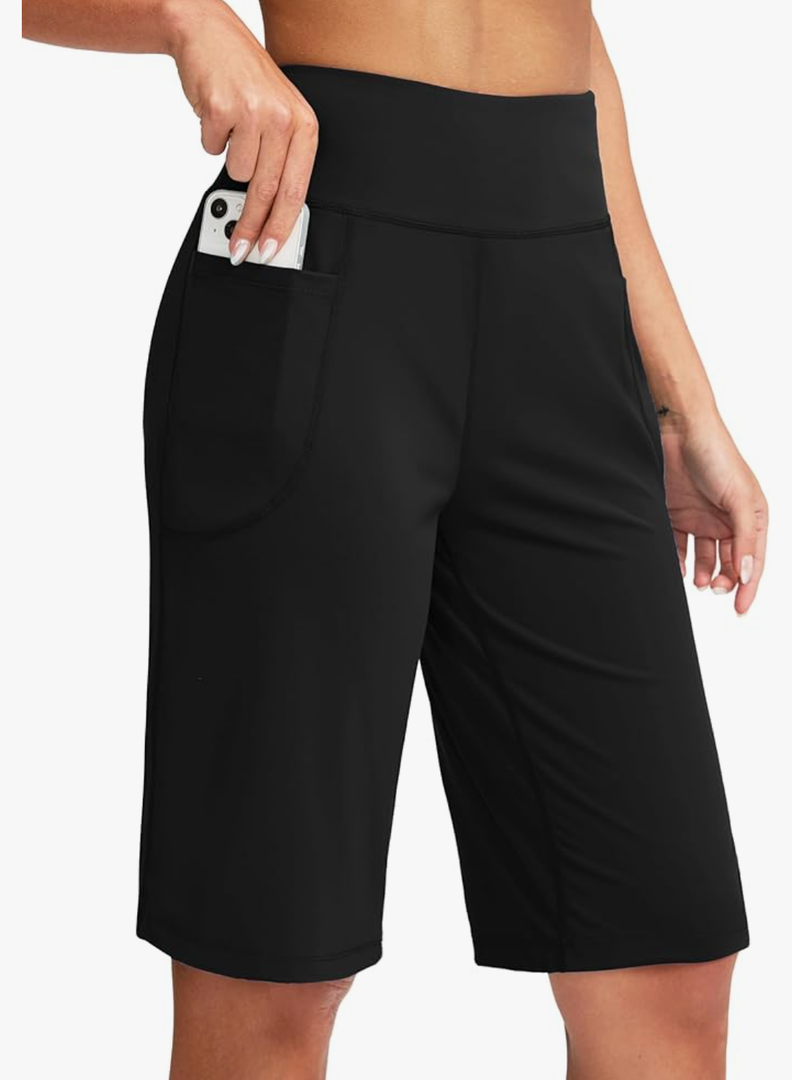 SANTINY Women's 12" Bermuda Shorts Knee Length with Pockets High Waisted Long Shorts for Women Stretch Casual Walking, M