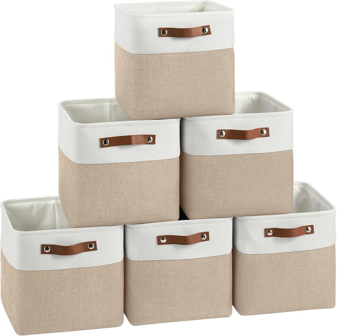 Cube Storage Baskets 6 Pack, 11x11 inch Cube Storage Bins with Leather Handles for Shelf Closet (White/ Khaki)