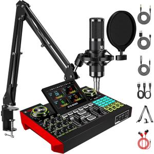 Podcast Equipment Bundle with 3.5mm Condenser Microphone for Pc/Phone Live Streaming Singing Gaming, Podcast Microphone Bundle with Live Sound Board Audio Mixer Denoise,DJ Sets