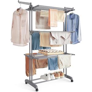 SONGMICS Clothes Drying Rack Stand 4-Tier, Foldable Laundry Drying Rack 68.1-Inch Tall, Steel, Rolling Clothes Horses Dryer Rack, Easy to Assemble, Indoor Outdoor Use, Dove Gray ULLR701G01