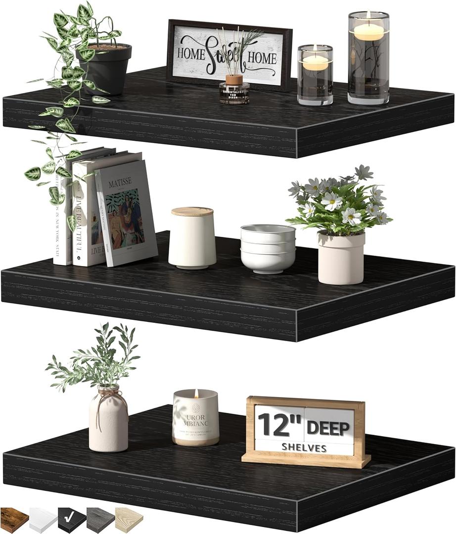 QEEIG 12" Deep Floating Shelves for Wall - 12 x 16 inch Book Shelf Bathroom Bedroom Kitchen Living Room Hanging Bookshelf Farmhouse Set of 3, Black (026-40B3)