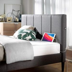 Zinus Maddon Upholstered Platform Bed Frame with USB Ports, Mattress Foundation, Wood Slat Support, No Box Spring Needed, Easy Assembly, Grey, Queen