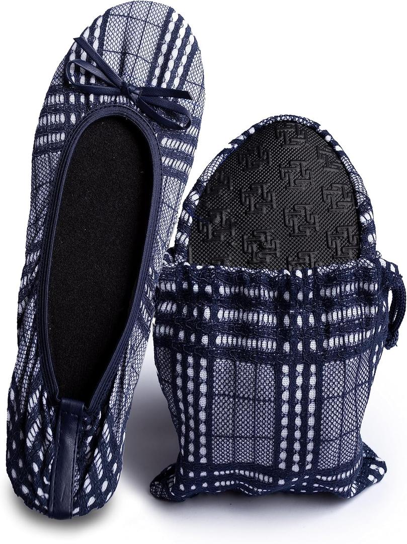 Silky Toes Womens Foldable Lace Wedding Flats Comfortable Bridal Dressy Shoes (Medium, Navy Check)