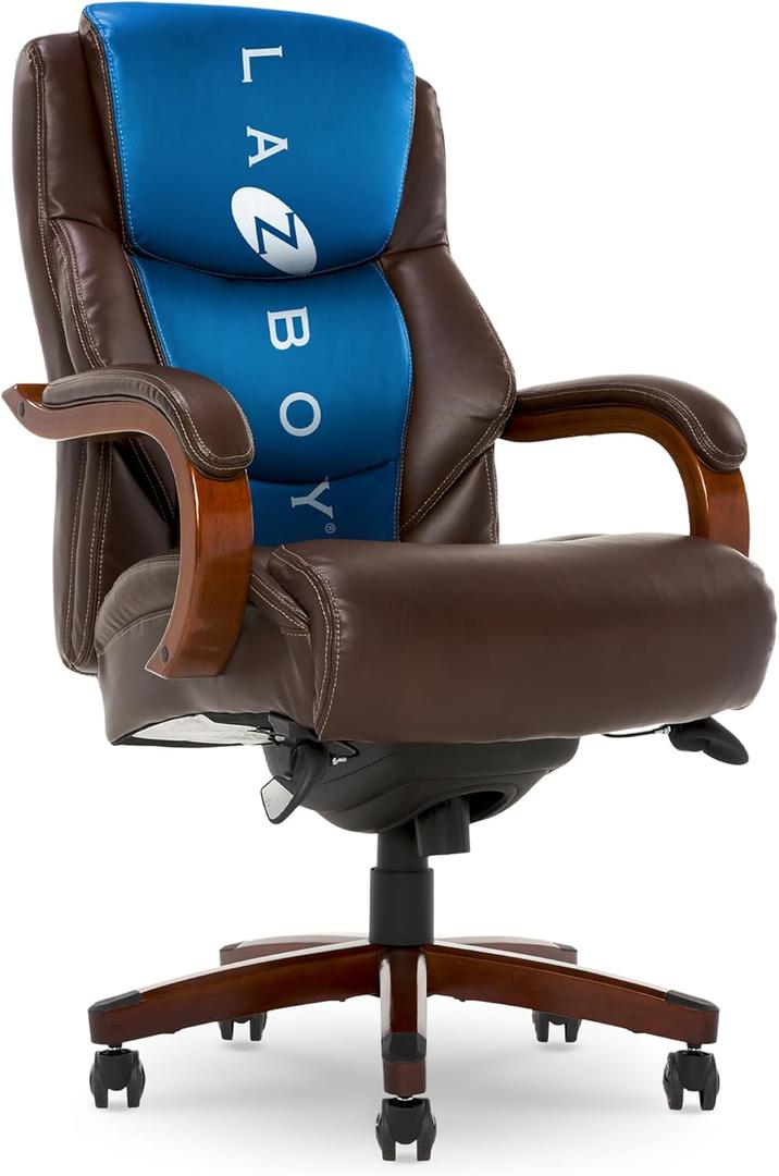 La-Z-Boy Delano Big & Tall Executive Office Chair, Ergonomic Mid-Back Body Pillow Lumbar Support, ComfortCore Memory Foam Cushion, Mahogany Wood Arms & Swivel Base, Bonded Leather, Chestnut Brown