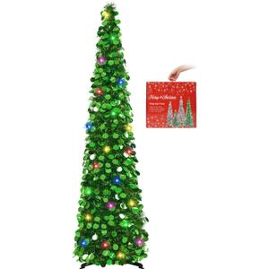 MACTING Pop Up Christmas Tree with 50 LED Lights 5FT Collapsible Tinsel Pencil Tree Easy-Assembly Coastal Glitter Artificial Tree for Porch Apartment Corner Home Party Indoor Xmas Decorations,Green