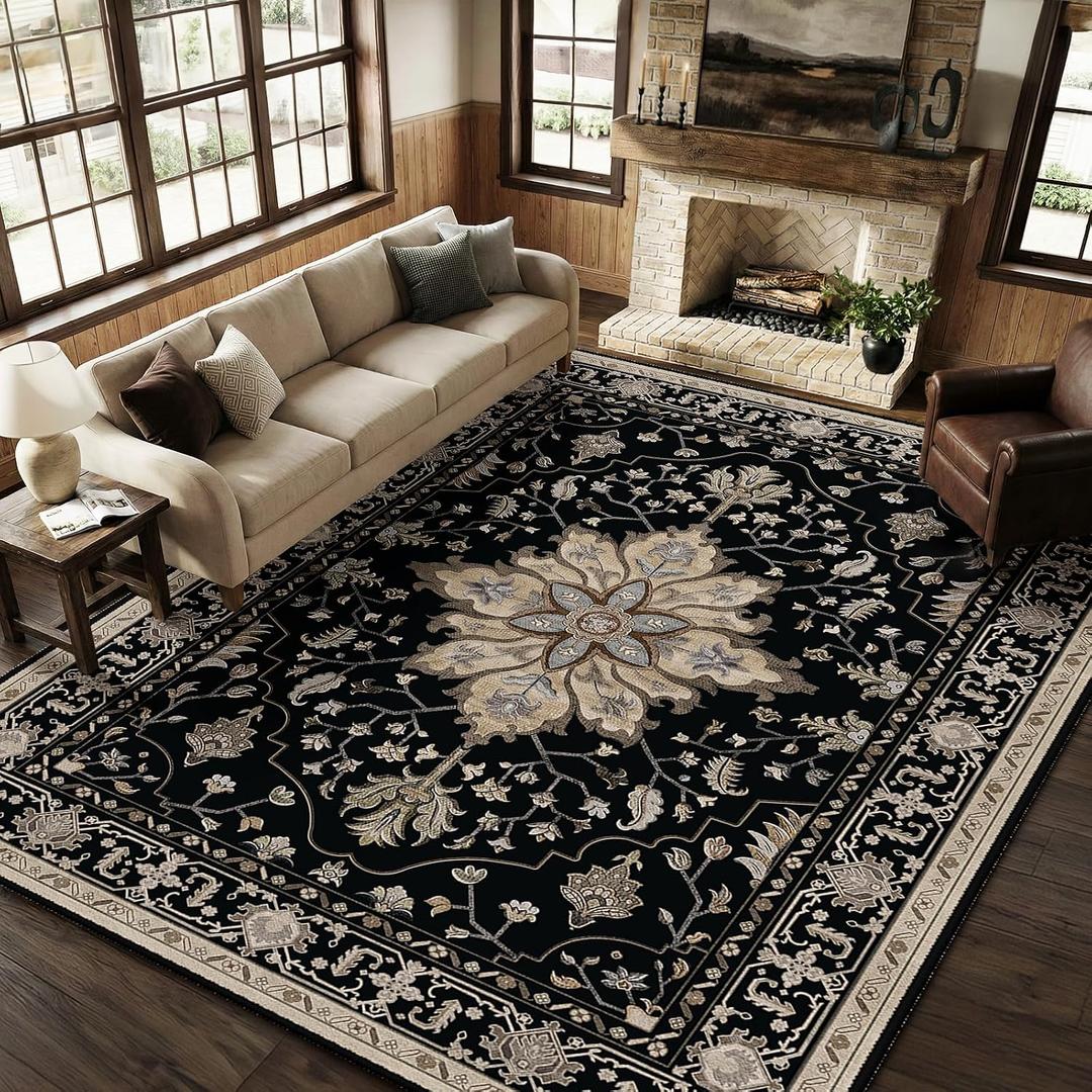 RELEANY Area Rugs 8'x10' Washable Non-Slip, Floral Vintage Distress Print Pattern Medallion Carpet for Living Room Bedroom Dining Room, Black Brown Neutral Dark Tan