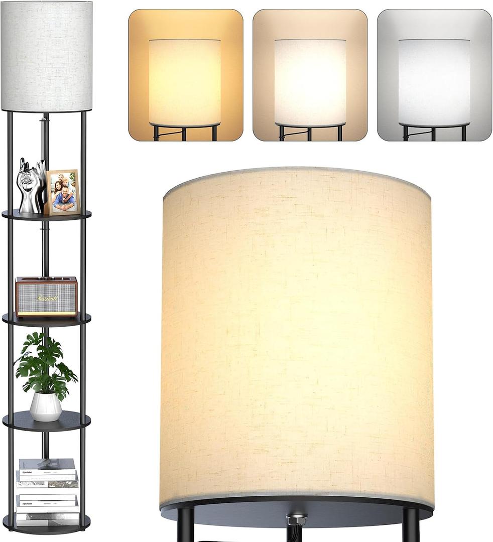 5-Tier Floor Lamp with Shelves, Standing Bookshelf Lamp, 3-Color LED, Corner Display Shelf Floor Lamp, Living Room Decor, Bedroom Decor, Nightstand, Office, Black (63'' H)