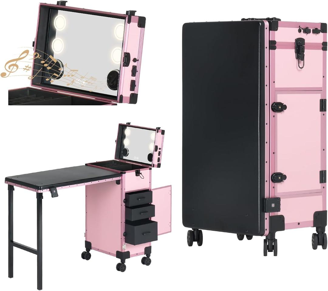 Rolling Portable Manicure Table with 3 Drawers, Lockable Makeup Train Case with Mirror, Foldable Nail Desk with Wheels & Handle, Mesa de Uas Profesional para Nail Techs & Salon Use, Pink