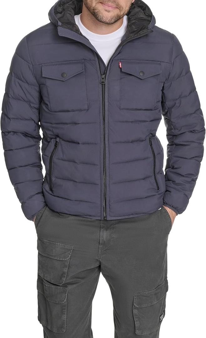 Water Resistant Performance Stretch Hooded Puffer Jacket, Medium