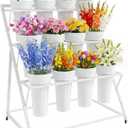 Putros Flower Bar Stand with 12 Buckets, Flower Cart with Wheels, White | Metal 3 Layers Flower Display Stand, Moving Florist Bouquet Shelf for Indoor Outdoor Patio Garden Party Decor