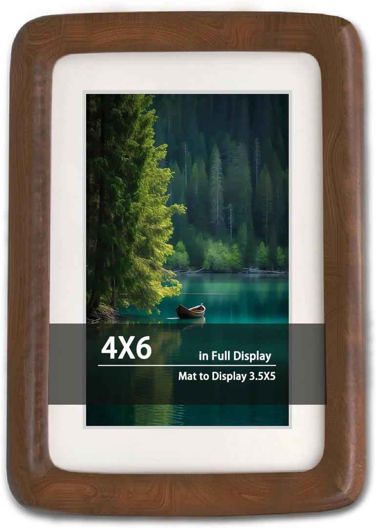 4x6 Picture Frame with Mat to 3.5x5, Natural Dark Walnut Wooden Handcrafted Frame Rounded Corner with Real Glass, Vertical or Horizontal Display for Photo Wall & Tabletop