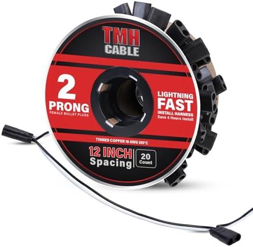 TMH 20 Count 2-Prong Wire Harness Roll Double Female Bullet Plug 18 Gauge - 12" Spacing Extra Long for LED Marker Clearance Lights Hassle-Free Installation