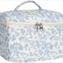 Makeup Bag Quilted,Travel Toiletry Bag Organizer,Large Cotton Cosmetic Bag for Women Make-up Bags Portable Cosmetic Brush Pouch Handle Zipper Cute Storage Case for Purse,Floral Blue