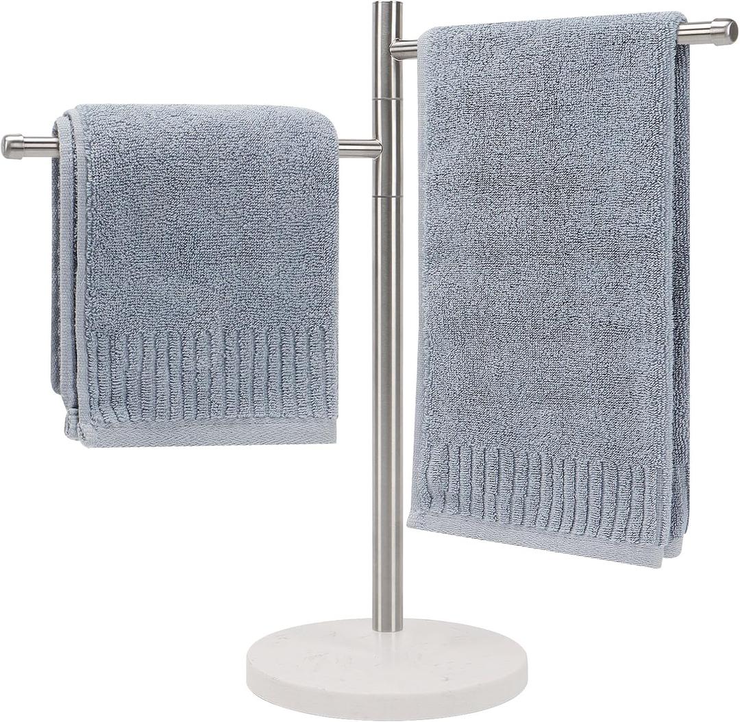 Standing Hand Towel Holder, Hand Towel Stand with Marble Base, 304 Stainless Steel Towel Rack with 2 Swivel Arm, Countertop Stand Towel Ring Towel Bar for Bathroom (Brushed Nickel, Round)