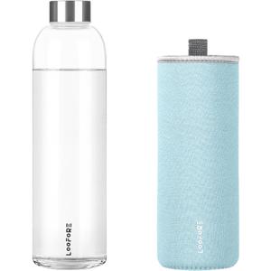 Glass Water Bottles 32 oz, LOOFORE 1 liter Glass Drinking Bottles with Lids, Large Reusable Borosilicate Glass Water Bottle for School Home Office Travel Sport Yoga Gym, 1 Pack (Light Blue, 32 Ounces)