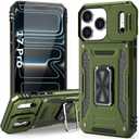 Phone Case Compatible with i Phone17 Pro Case with Camera Lens Cover & HD Screen Protector, with Ring Holder Kickstand, fit Magnet Car Mount, for iPhone 17 Pro (Olive Green)