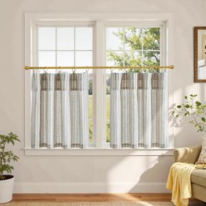jinchan Striped Linen Kitchen Curtains with Attached Valance 24 Inch Length Pinstripe Cafe Tier Curtains for Living Room Rustic Half Window Light Filtering Rod Pocket Small Drapes 2 Panels Taupe Grey