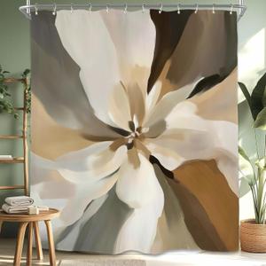 Miyotaa Abstract Flower Art Shower Curtain Set 60Wx71H Inches Brushstroke Neutral Earthy Tones Illustrations Minimalist Polyester Waterproof Cloth Bathroom Curtain with 12 Hooks