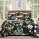 Anibedding Black Floral Quilt Queen Size 3 Pieces,Garden Style Bontanical Bedspread with Colorful Flowers,Soft Lightweight Reversible Coverlet Set for All Season(96"x90")