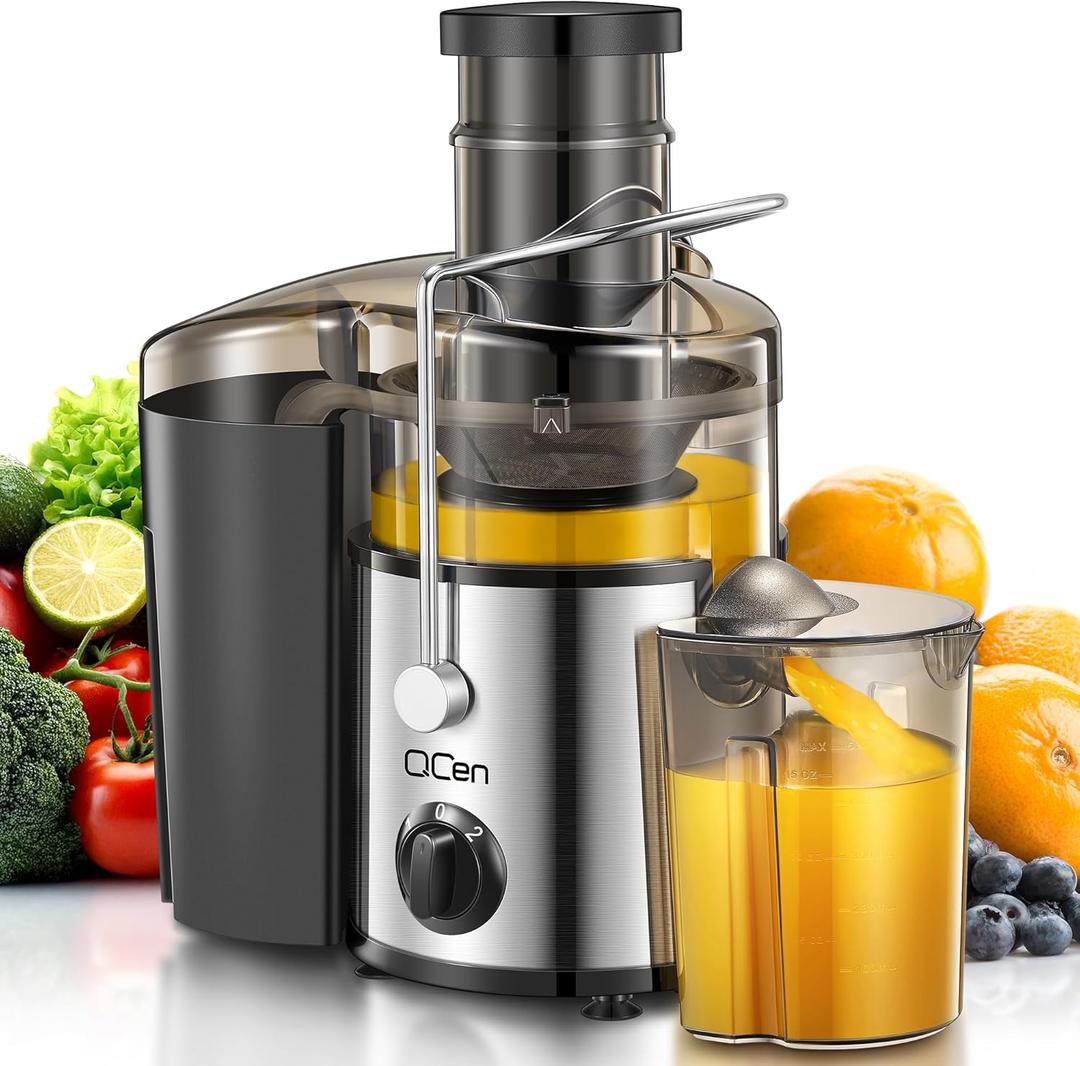 QCen Juicer Machine, 500W Centrifugal Juicer Extractor with 3 Wide Mouth Feed Chute for Fruits & Vegetables, Easy to Clean, Stainless Steel, BPA-Free (Silver)