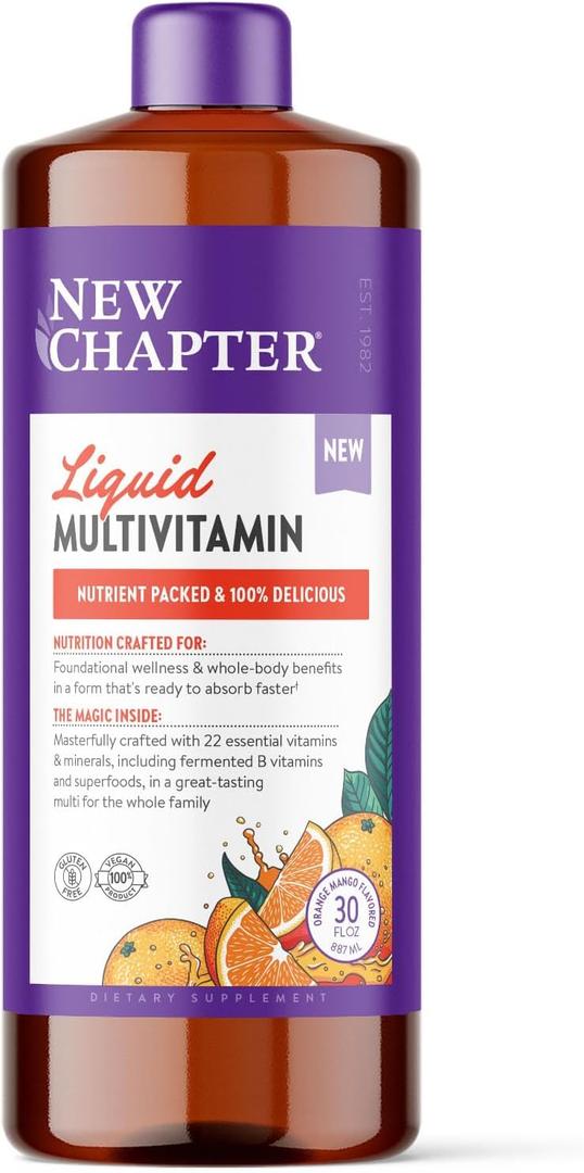 New Chapter Liquid Multivitamin + Mineral Supplement for Whole-Body Benefits, 100% Delicious Multivitamin for Adults, Teens & Kids 2+, Ready to Absorb Faster, Orange Mango Flavored, 30 oz