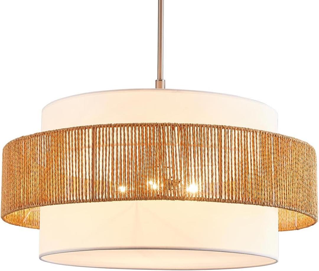 24'' Rattan Large Drum Chandeliers Light Fixtures,5 Light Boho Pendant Light Farmhouse Rustic Hand Woven Lighting for Dining Room Kitchen Island Living Room Bedroom,Brushed Nickel Finish Metal