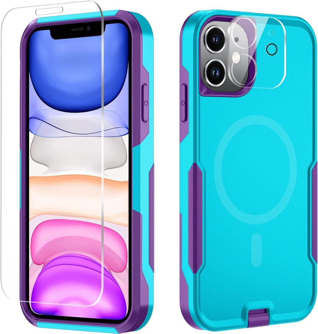 Xmon for iPhone 11 Magnetic Case [Compatible with MagSafe] Tempered Glass Screen Protector with Camera Lens Protector Phone Case Cover for Apple iPhone 11 (Magnetic Aqua Purple)