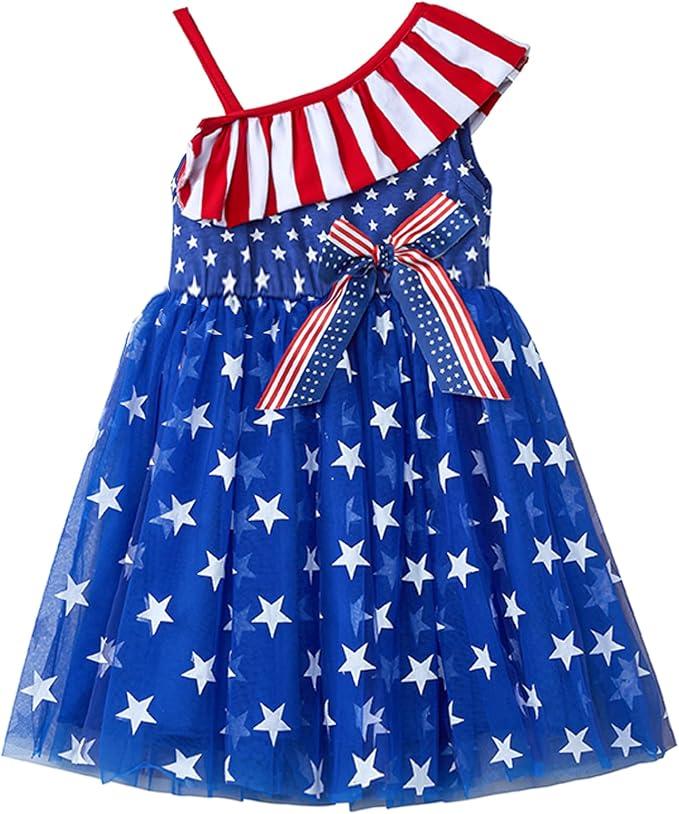 Niyage Toddler Dress Girls Baby Star Stripes American Flag Ruffles One Shoulder Sleeveless Tulle Tutus Boho Sundress Blue 110