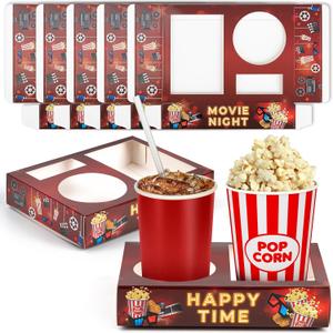16Pcs Movie Night Snack Trays Disposable Paper Popcorn Drink Holder Theater Food Boxes for Cinema Supplies Family Party Decoration 7.87x5.91x1.57inch Retro Style