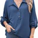Astylish Women's Casual Blouses Button Down Business Batwing Tops Long Sleeve V Neck Ribbed Shirts 2025 Fall Outfit (Blue, XXL)