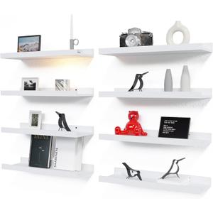 RICHER HOUSE 8 Set Floating Wall Mounted Shelves, Nursery Hanging Book Shelves with Lip for Storage, White Display Picture Ledge Shelf for Bedroom Bathroom Kitchen Living Room Wall Decor, Modern White (8pcs*15.75in)