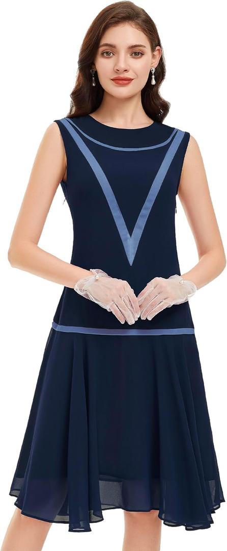 BABEYOND Womens 1920s Inspired Dress - Flapper Dress Low-Waist Dress Sleeveless Party Chiffon Dress for Women (Large, Navy)