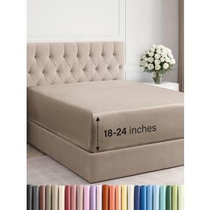 Extra Deep Cal King Fitted Sheet - Hotel Luxury Single Fitted Sheet Only - Easily Fits 18 to 24 inch Mattress - Ultra Soft, Wrinkle Free with Extra Deep Pockets - Breathable & Comfy - Heathered Beige