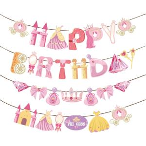 4PCS Princess Happy Birthday Banners  Pink & Gold Fairy Tale Decorations with Castles, Dresses, Crowns & Carriages for Birthday Party