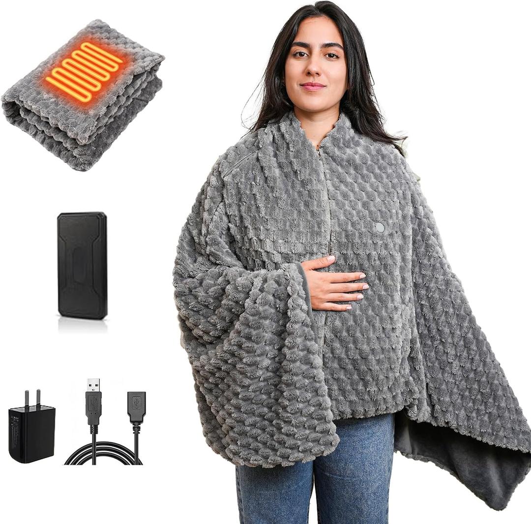 Cordless Battery Operated Heated Blanket, Wearable Heating Throw for Car,Camping,Office Warm Gift Machine Washable Super Cozy Soft Blanket with 10000 mAh Battery Pack 3 Heating Levels 63" X 35"