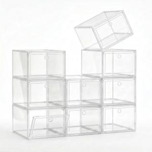 Clear Shoe Storage Boxes 9 Pack, Stackable Bins with Magnetic Doors | Thickened clear plastic folds flat when unused, while front-opening doors provide quick access in closets or entryways.