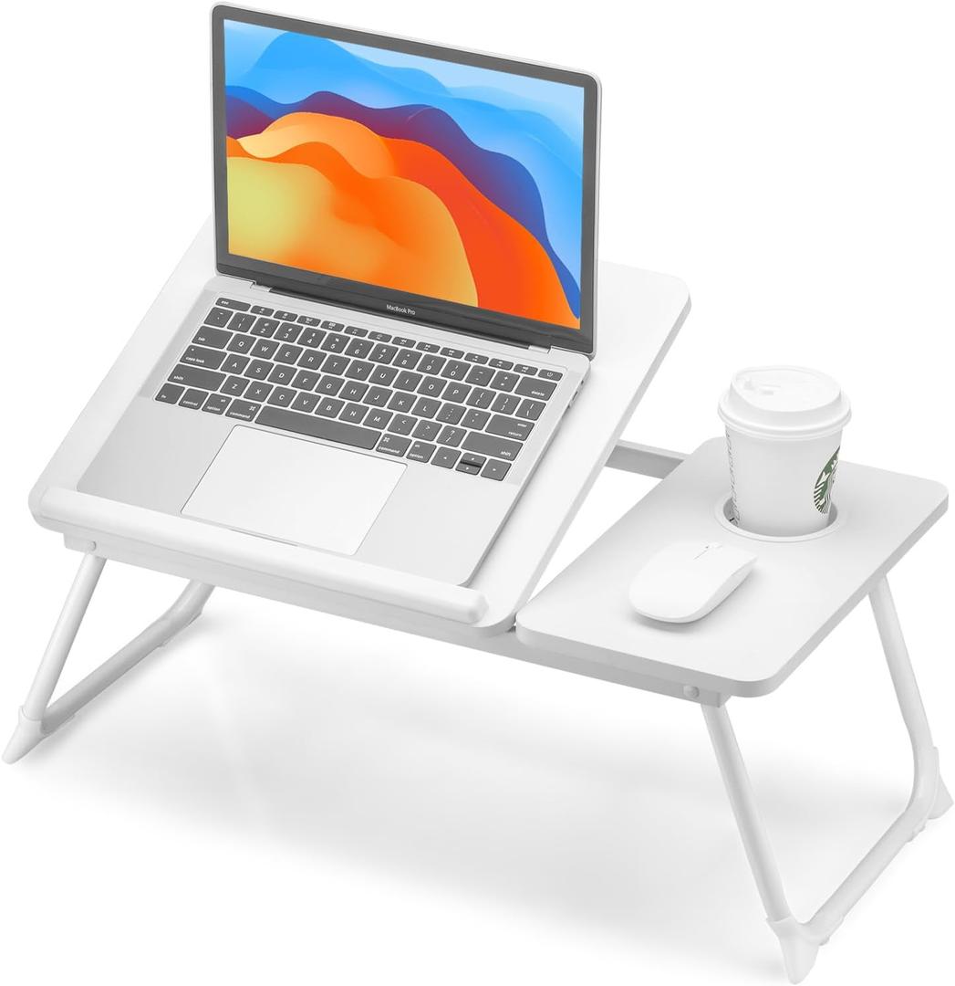 FISYOD Foldable Laptop Desk for Bed Couch, Adjustable Split Lap Desk with Cup Holder, Portable Lightweight Bed Table Tray, Heavy-Duty Laptop Stand for Working, Writing, Reading and Eating - White
