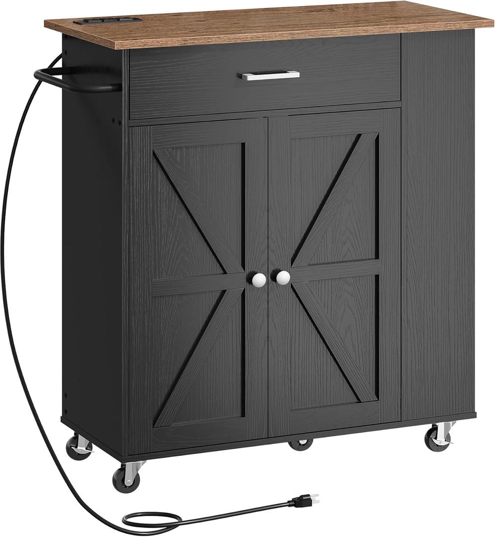CHOEZON Kitchen Island Cart with Storage, Bar Cart with Charging Station, Kitchen Island on Wheels, Rolling Mobile Table with Cabinet, 3 AC Outlets, Black and Walnut MZD04UBL, 29.9"L x 15"W x 34.1"H