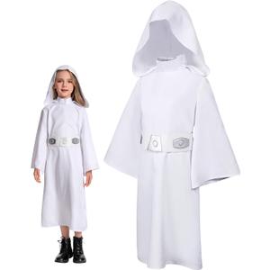 Princess Costume Kids Girls Force Knight Cosplay White Dress Belt Outfit for Birthday Halloween (150)