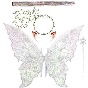 Fairy Wings for Adults and Girls，Fairy Costume Set with Floral Garland, Fairy Hair Tinsel, Wand & Elf Ears – 29"x21" Organza Butterfly Wings – Ideal for Cosplay, Party, Silver