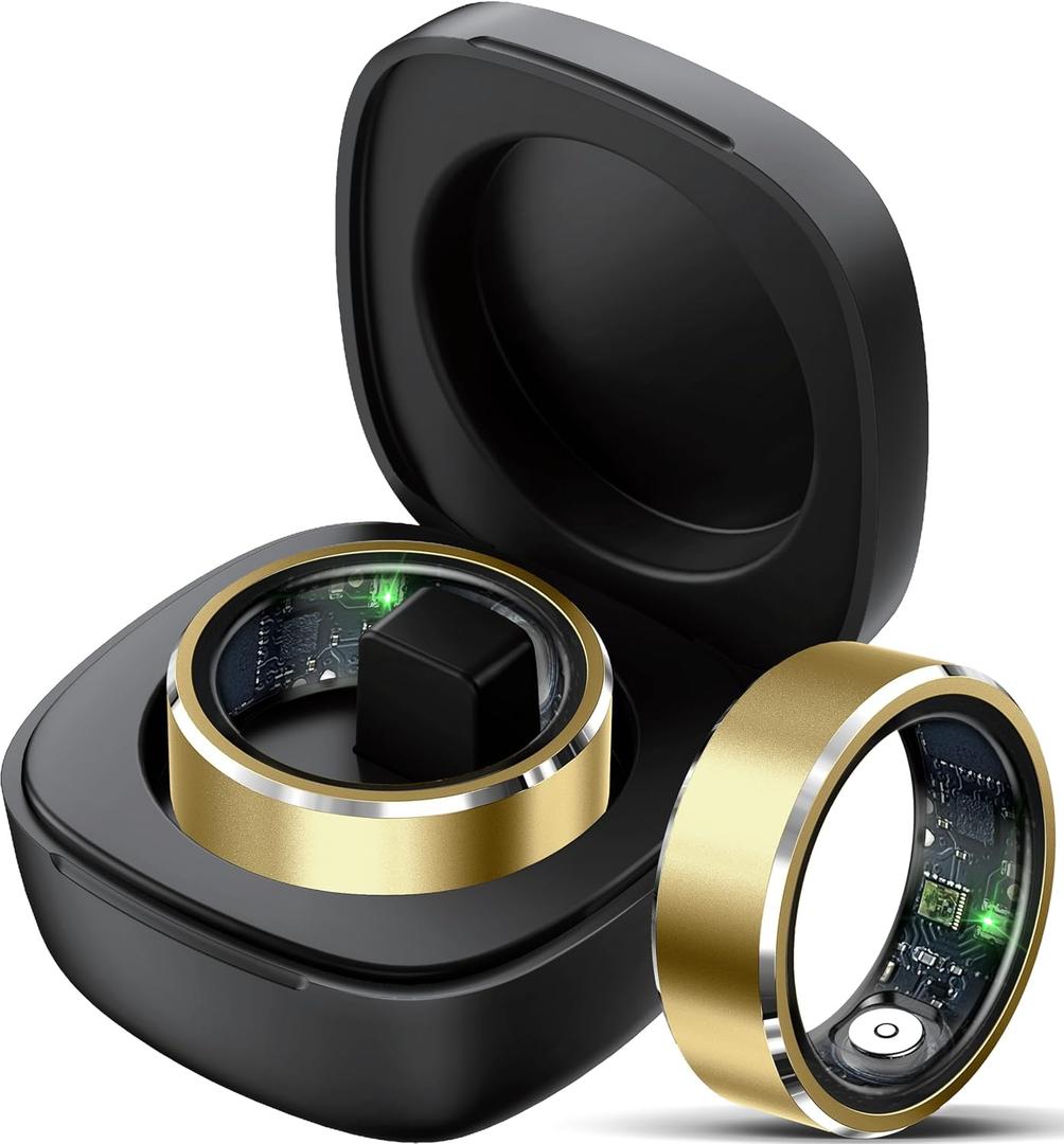 Smart Ring Fitness Tracker Heart Rate Monitor Sleep Tracker Gesture Control Fitness Rings Blood Pressure Pedometer Calories Step Counter Waterproof Health Smart Rings for Women Men with Charging Case (#9, Gold)