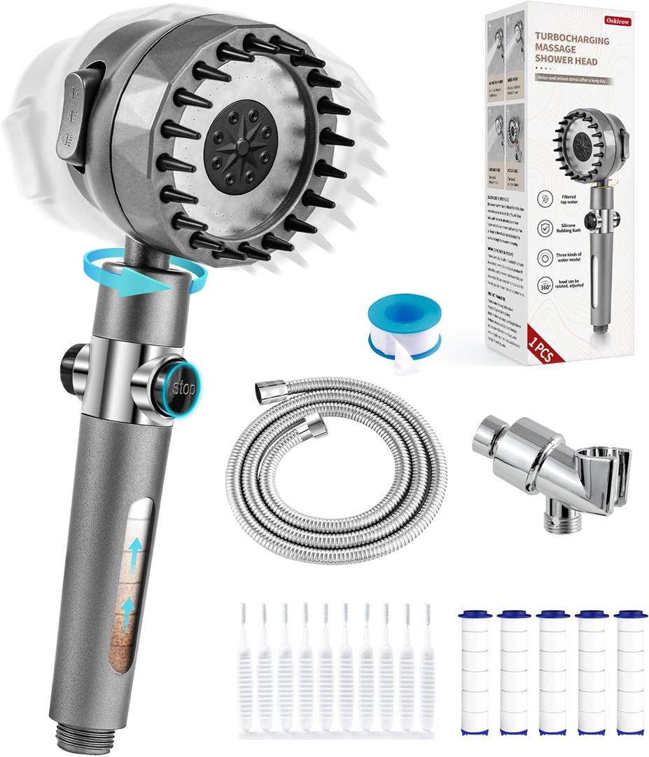 Filtered Shower Head with Handheld, High Pressure Water Flow Showerhead, with Shower Head Filter for Hard Water Boosting, with ON/OFF Switch and Rotatable Head (Silver gray)
