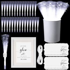 50 Pcs White Fiber Optic Wands with Metal Bucket Glow Sticks LED Wedding Sparklers Bulk with 50 Cards a Photo Frame a Roll of Ribbon for Wedding Bridal Shower Birthday Valentine's Gift