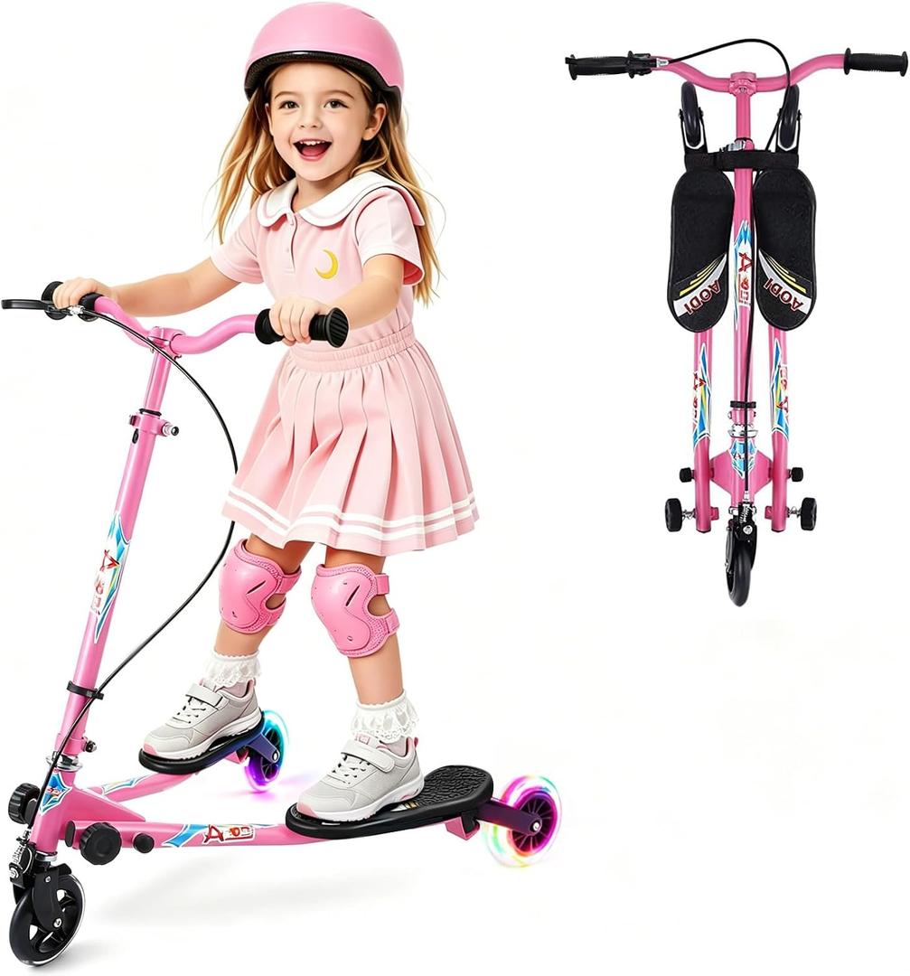 Swing Scooter for Kids, 3 Wheels Foldable Wiggle Kick Scooter Push Drifting with 4 Adjustable Handlebar & 2 Rear LED Wheel for Boys and Girls Ages 3-8