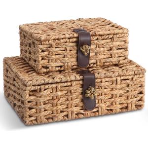 Novabright 2 Pcs Seagrass Storage Basket Box with Lid Decorative Box Storage Basket with Lid Rectangular Woven Shelf Baskets Bins for Table Home Decor Organize, 14.7 x 11 x 5 & 11 x 8 x 4 Inch