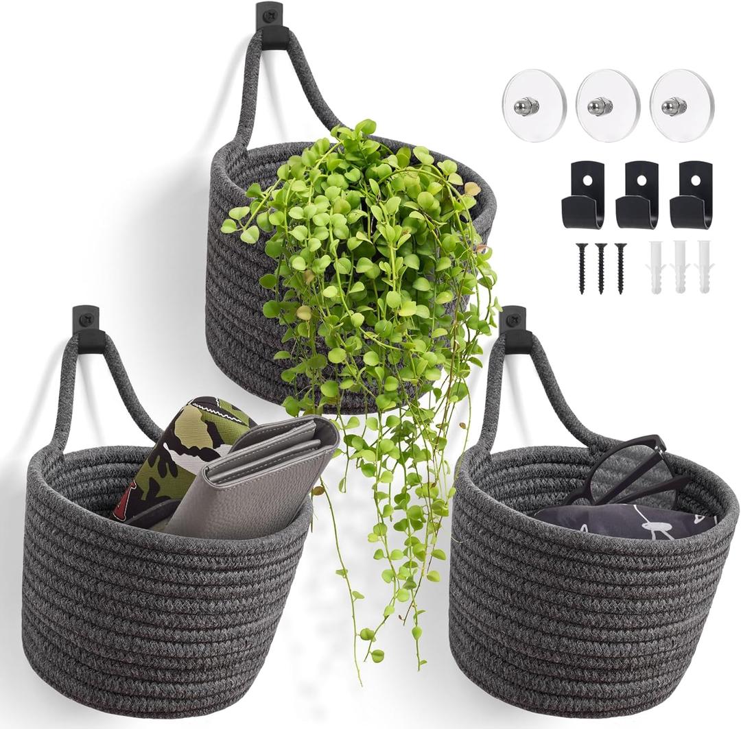 Fabric Wall Hanging Baskets - 3Pack Woven Pouchs Boho Style Wall Mounted Bag with Adhesive Hooks, Storage Organizers and Decoration Pocket Caddy Bins on Door Rack (Dark Gray & Black, Large)