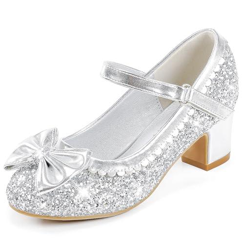 LAURMOSA Toddler Girls Silver Dress Shoes Kids High Heels Sparkle Princess Frozen Ballroom Shoes for Girls Toddler High Heels Size 11, Wedding Party Kids Dress Pump