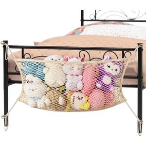 Stuffed Animal Storage Net for Kids, Bedside Toy Organizer Net - Neatly Store Your Stuffed Animals, Cotton Bedside Stuffed Animal Storage Net with Tether, Stretches up to 35 Inches, Beige (1)
