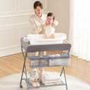 Baby Changing Table with Wheels, Maydolly Portable Adjustable Height Folding Diaper Station with Nursery Organizer & Storage Rack for Newborn Baby and Infant (Light Grey)