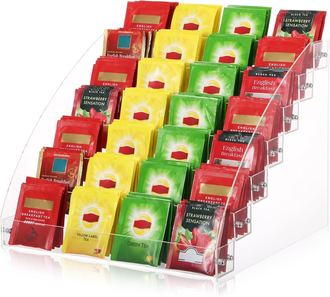 7 Tier Tea Bag Organizer Holder, Versatile Acrylic Tea Packets Storage Box Container Display Stand Rack for Counter Cabinet Countertop Kitchen Office Graded Cards